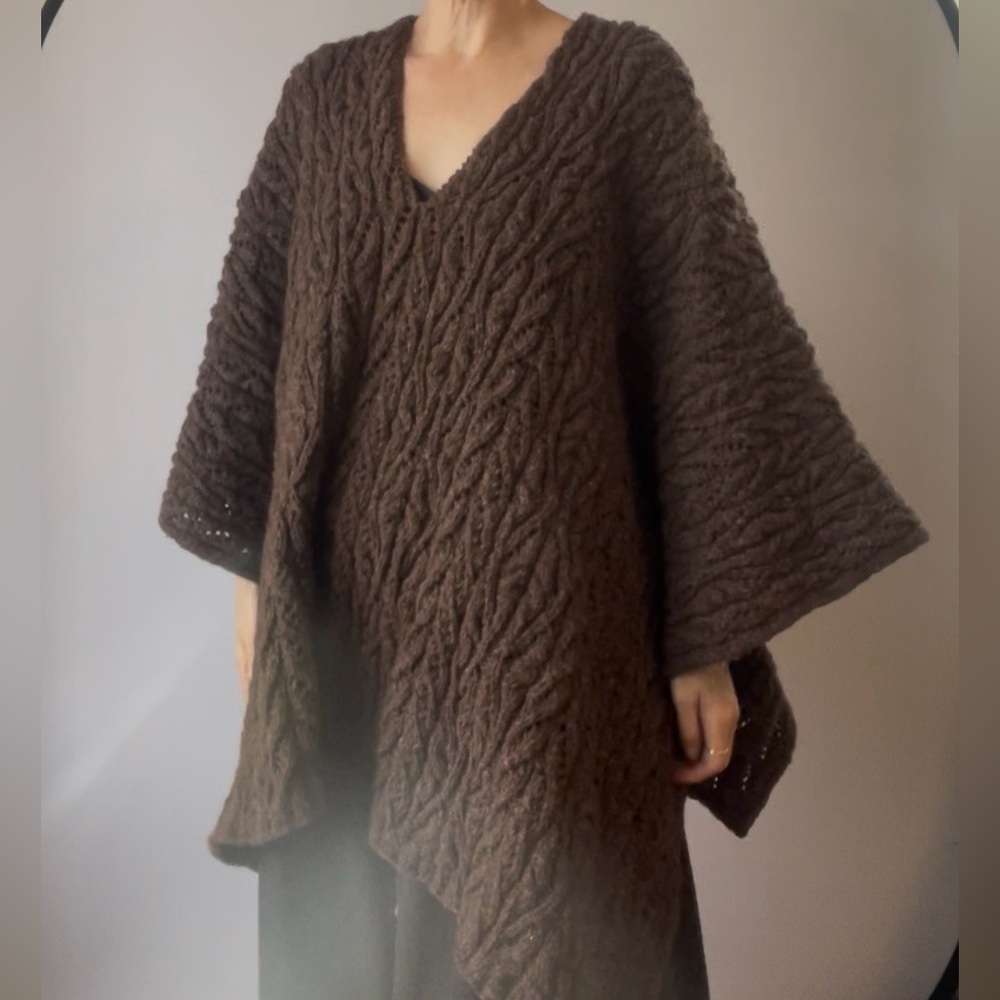 Handmade Wool Cable Knit Poncho Afghan Wrap Brown